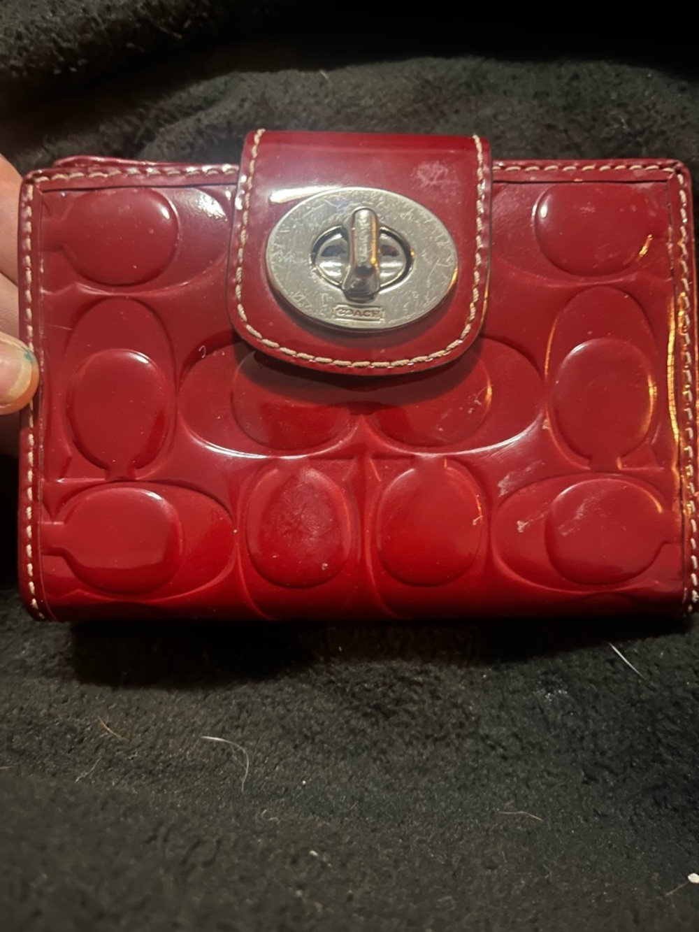 Coach Red Patent Leather Signature Turnlock Card Wallet